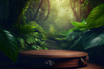 wooden round podium display for product presentation, lush jungle forest in the background