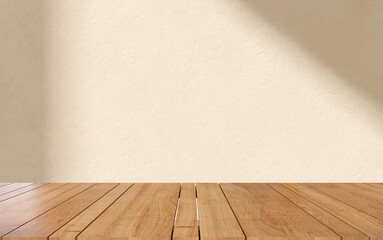 Wooden table counter top with beige wall in background with sunlight and shadow from window for...