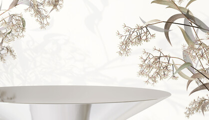 Modern and luxury silver colored round shiny pedestal steel podium in sunlight and tree on white...