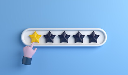 Bad customer rating feedback, cartoon hand  giving one star, 3d rendering illustration