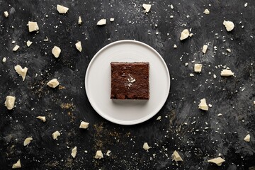 Top view of a brownie slice served in a white plate with white chocolate on the kitchen table