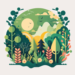 Nature Mountain Forest Jungle Landscape Background in Vector Flat Color