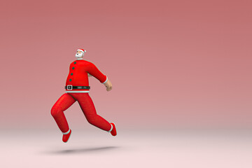 Fototapeta na wymiar A man wearing Santa Claus costume is running. 3d rendering of cartoon character in acting.