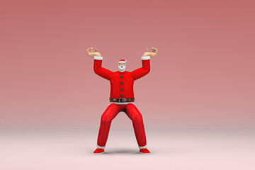 A man wearing Santa Claus costume.  He is pulling or pushing something. 3d rendering of cartoon character in acting.