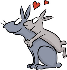 Fototapeta na wymiar niedlicher, grauer Hase umarmt seine Mutter von Herzen voller Zuneigung