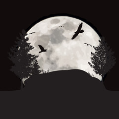 Vector silhouette of flying birds on moon background. Symbol of night and animal.