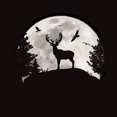 Vector silhouette of a deer on a hill on the background of the moon. Symbol of night and wild animal.