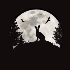 Vector silhouette of a hare on a hill on the background of the moon. Symbol of night and wild animal. © majivecka