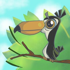 Toucan in a branch  cartoon illustration 