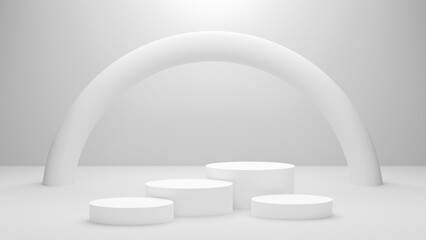 White podium or White circle platform on the Studio bright lighting, Concept of Minimal and clean for placing products, 3D rendering image.