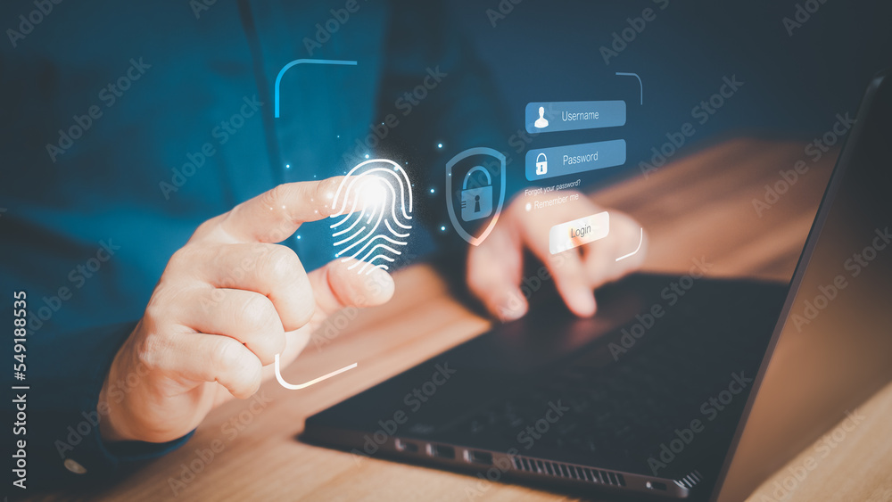 Poster Man typing login user and password, Cyber security concept, Secure encryption and access to the user's private information to access the Internet.