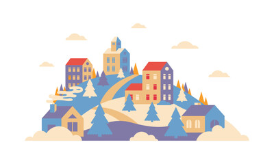 Naklejka premium Urban landscape in geometric minimal flat style. New year and Christmas winter city on hills, falling snow and fir trees