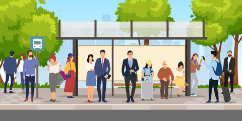 group of people urban commuters waiting for bus at station © imtmphoto