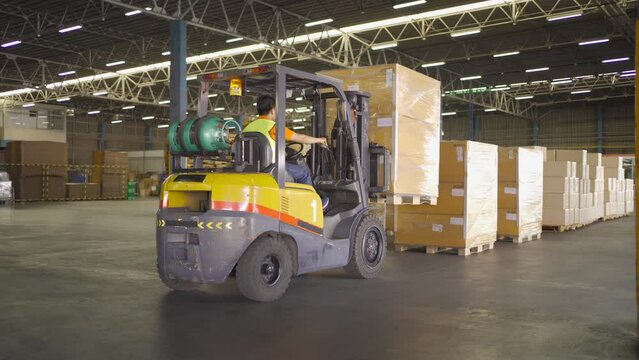 Asian worker driving Fork lift truck with pallet car vehicle in warehouse retail store industry. Rack of stock storage. Cargo in ecommerce and logistic. Depot. People lifestyle. Shipment service