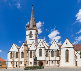 Fototapeta na wymiar Lutheran Cathedral of Saint Mary (Biserica Evanghelica) has a tower of height of 73 meters, which is the tallest in Transylvania, Sibiu, Romania 