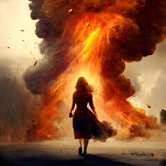 Women walking towards fire created with AI