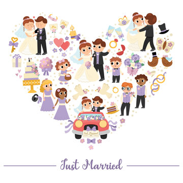 Vector wedding frame with just married couple. Marriage ceremony card template framed in heart shape. Cute matrimonial illustration with bride, groom, bridesmaids, bridegroom, cake, rings.
