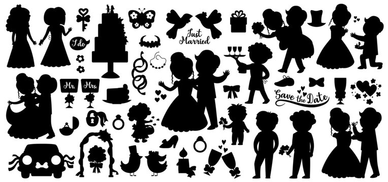 Vector wedding silhouettes set. Marriage ceremony black icons collection with just married couple, bride, groom, bridesmaids, cake, rings. Cute matrimonial holiday shadow illustrations.