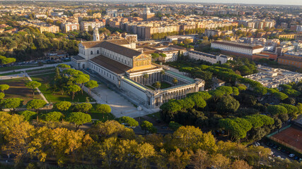 Aerial view of the papal basilica of San Paolo outside the walls in Rome, Italy. The building is one of the four papal basilicas of Rome