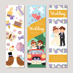 Cute wedding vertical cards set with just married couple, bride, groom, bridesmaids, cake. Vector marriage ceremony vertical print templates. Matrimonial bookmark design for tags, postcards.