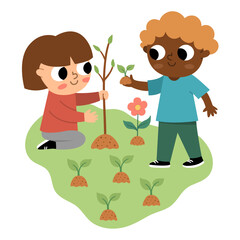 Girl and boy seeding plant icon. Cute eco friendly kids. Children planting a tree. Earth day or healthy lifestyle concept. Funny gardeners decorating garden or park.
