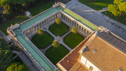 Aerial view of the colonnade of quadriporticus in the papal basilica of Saint Paul Outside the Walls, Rome, Italy. The building is one of the four papal basilicas of Rome.