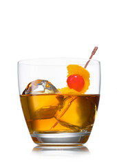 Glass with ice cubes and old fashioned cocktail with cherry and orange peel on white background.