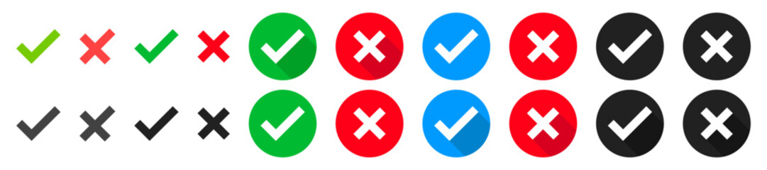 Obraz premium Check mark and cross icon. Green tick and red cross sign symbol. Test question. Positive Negative sign. Vector illustration.