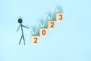New year 2023 ladder of success, positive outlook and step by step or gradual growth concept....