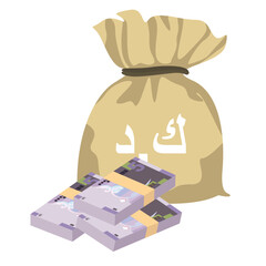Fototapeta premium Kuwaiti Dinar Vector Illustration. Kuwait money set bundle banknotes. Money bag 5 KWD Flat style. Isolated on white background. Simple minimal design.