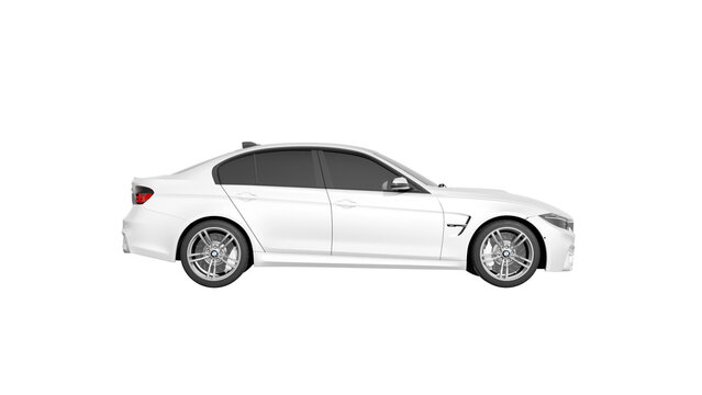 side view of white car isolated on white, BMW M3 F30 png transparent background 3d rendering