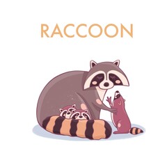 A raccoon with a small raccoon. Mom and baby. Forest animals. A card for studying animals.