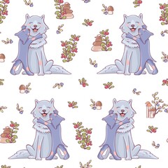 Seamless pattern with forest animals. Wolf with a wolf cub, berries, mushrooms.