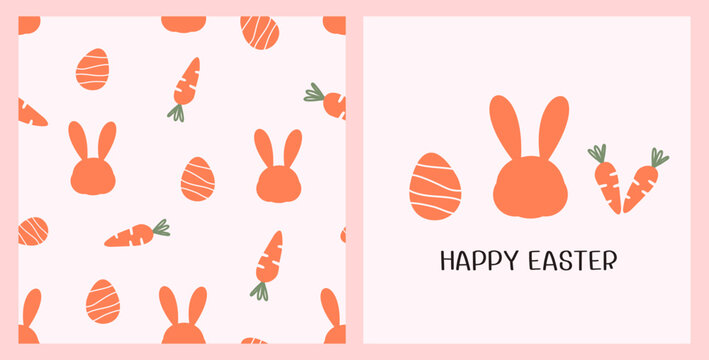 Seamless pattern with rabbit cartoons, carrots, and Easter eggs on pink background. Easter egg, rabbit face and carrot icons vector.