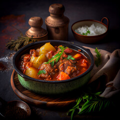Hungarian meet stew with potatoes, red and yellow bell peppers, carrots, onion, garlic, served on a dark wood table. With salt, black pepper shakers, dark background