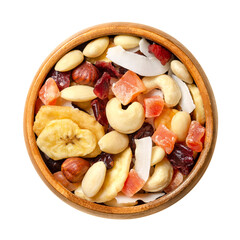 Exotic dried fruit mix with nuts, trail mix in a wooden bowl. Snack food and mixture of dried cranberries, banana chips, candied papaya, coconut chips, blanched almonds, hazelnut kernels and cashews.