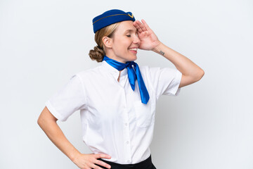 Airplane blonde stewardess woman isolated on white background has realized something and intending the solution