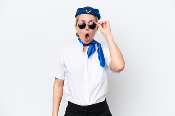 Airplane blonde stewardess woman isolated on white background with glasses and surprised