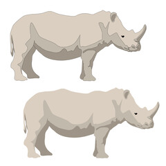 Vector gray rhinoceros stands flat with shadows on a white background