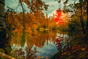 Sunrise against the background of red clouds of a forest lake - 549202341