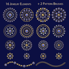 Set of jewellery elements, pattern chain brushes. Big, small round design elements made of gold, silver ball beads, blue rhinestones, jewelry chains. Blue background. Vintage style