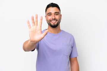 Young Arab handsome man isolated on white background counting five with fingers