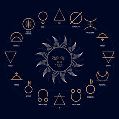 ASTROLOGY ELEMENTS zodiac horoscope thin line label linear design esoteric stylized elements symbols signs. Vector illustration icons