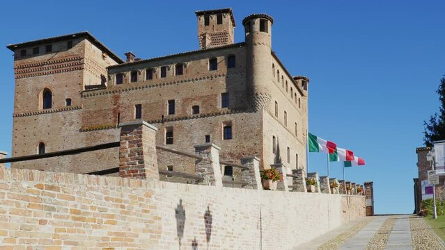 Grinzane Cavour, Italy. Entrance of the Castle of Grinzane Cavour, UNESCO site together with the Vineyard Landscape of Piedmont: Langhe-Roero and Monferrato. It houses the Langhe Museum. 2022-11-05.