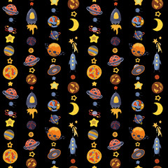 Space vector pattern. Planets, spaceships, stars on a black background. Bright seamless image for textiles, wrapping, baby products.