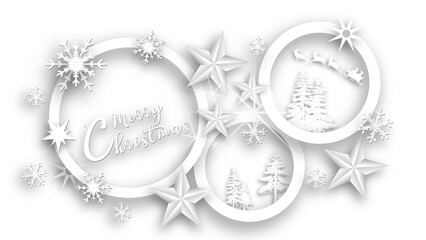 Christmas greeting card in white design - lettering Merry Christmas , ice stars, snowflakes, trees, reindeers and sleigh on transparent background - 3D Illustration