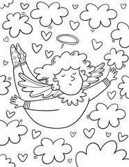 Outline illustration with angel with hearts. Valentines day coloring page.
