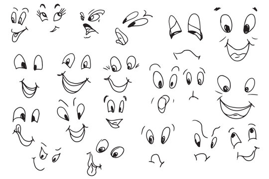facial emotions smile eyes doodle sketch cartoon set big isolated elements on white background