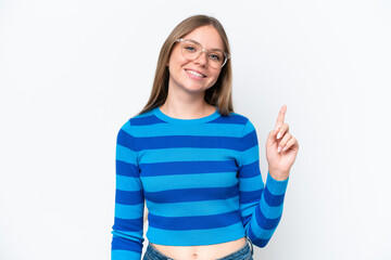 Obraz premium Young beautiful blonde woman isolated on white background showing and lifting a finger in sign of the best