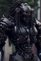 Fototapeta premium A Full Body Robotic Android with Dreadlocks and Cybernetic Metallic Helmet and Body Armor Suit